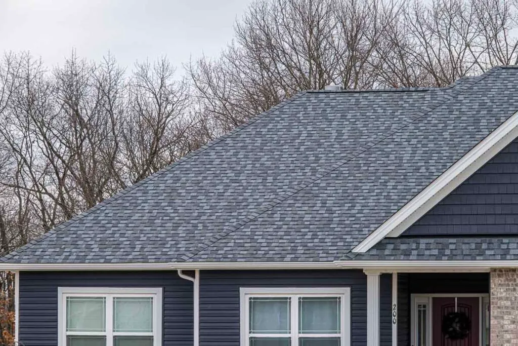 Newly installed charcoal shingle roof on a navy-sided St. Louis home with clean curb appeal