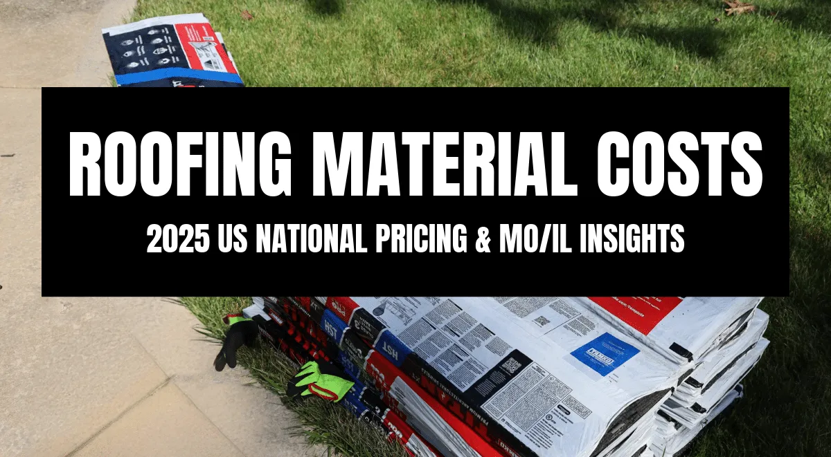 Roofing material costs 2025 US national pricing and MO/IL insights with shingle bundles on lawn