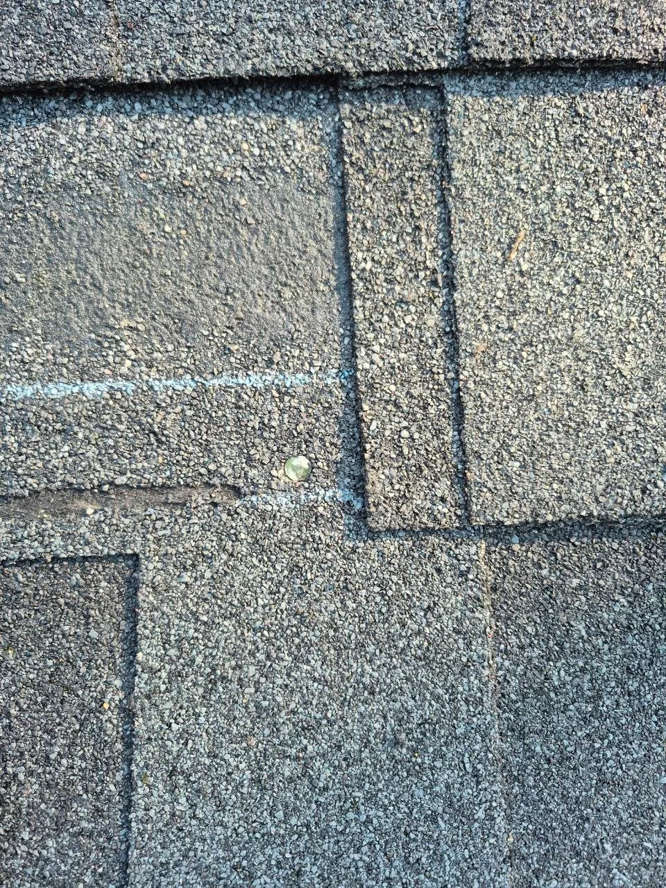 Close-up of aging asphalt roof shingles with an exposed nail, showing the kind of wear that puts an older roof in the insurance danger zone.