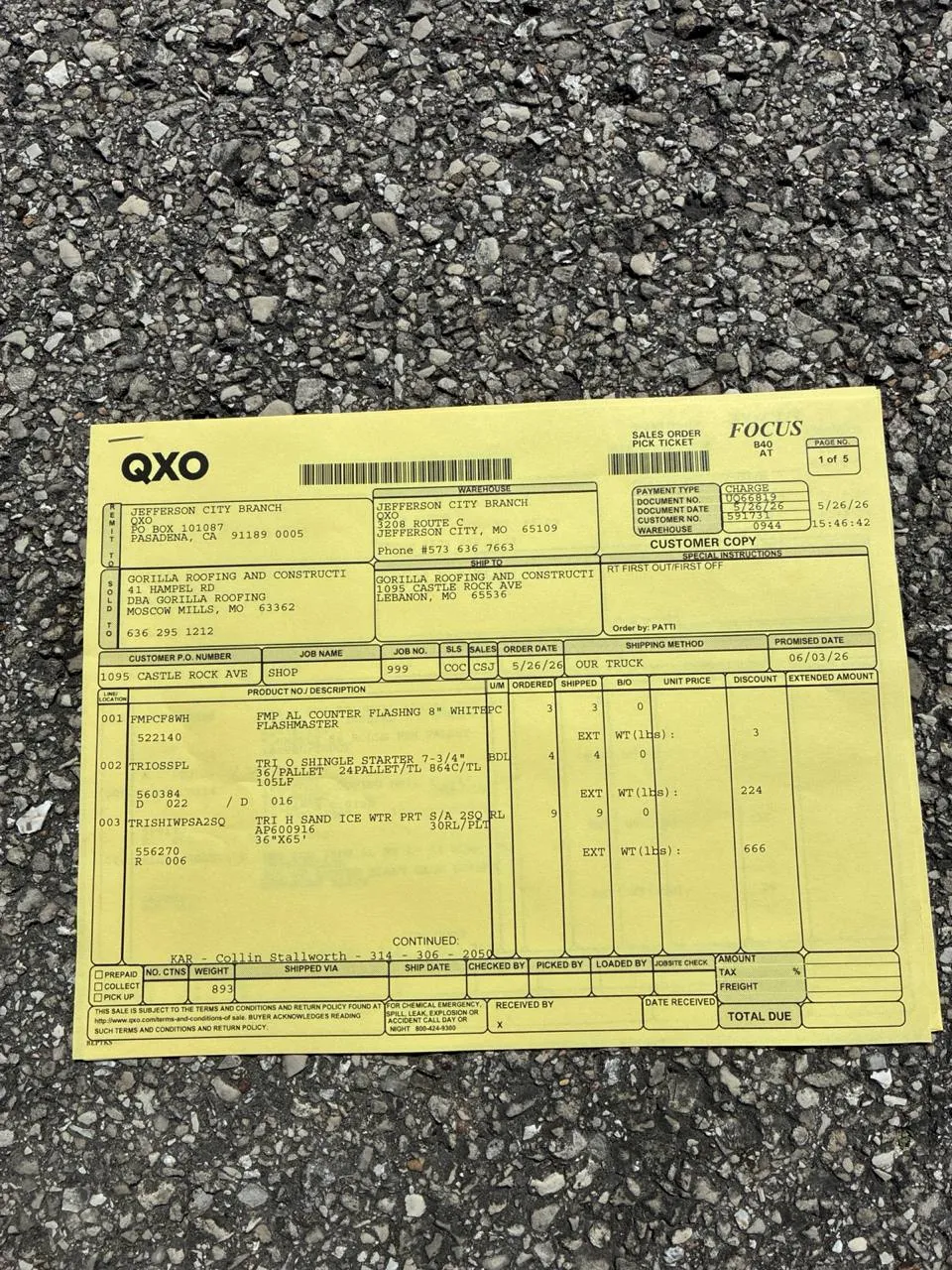 QXO sales order pick ticket showing roofing materials including flashing and ice barrier, the kind of line items often missing from a first insurance estimate.