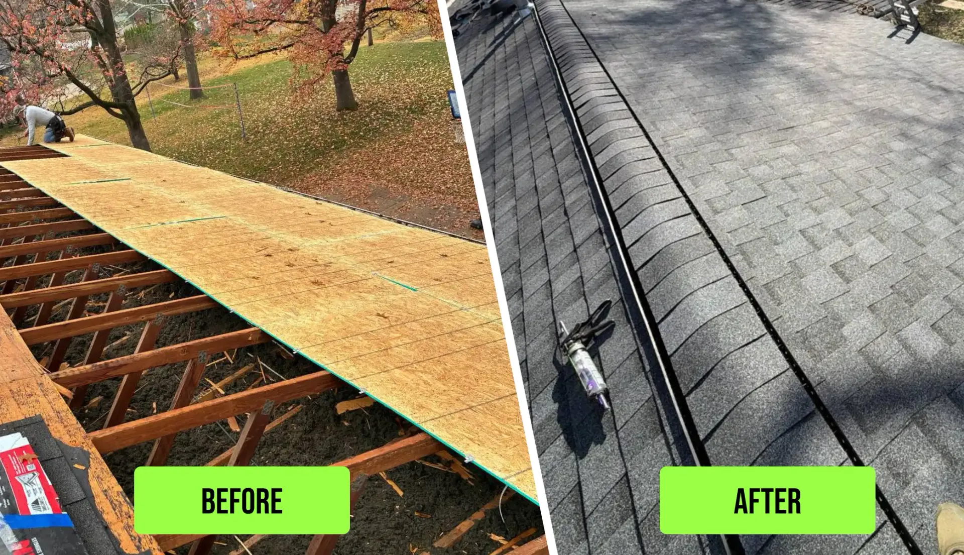 Before and after roof replacement showing exposed decking transformed into finished shingles