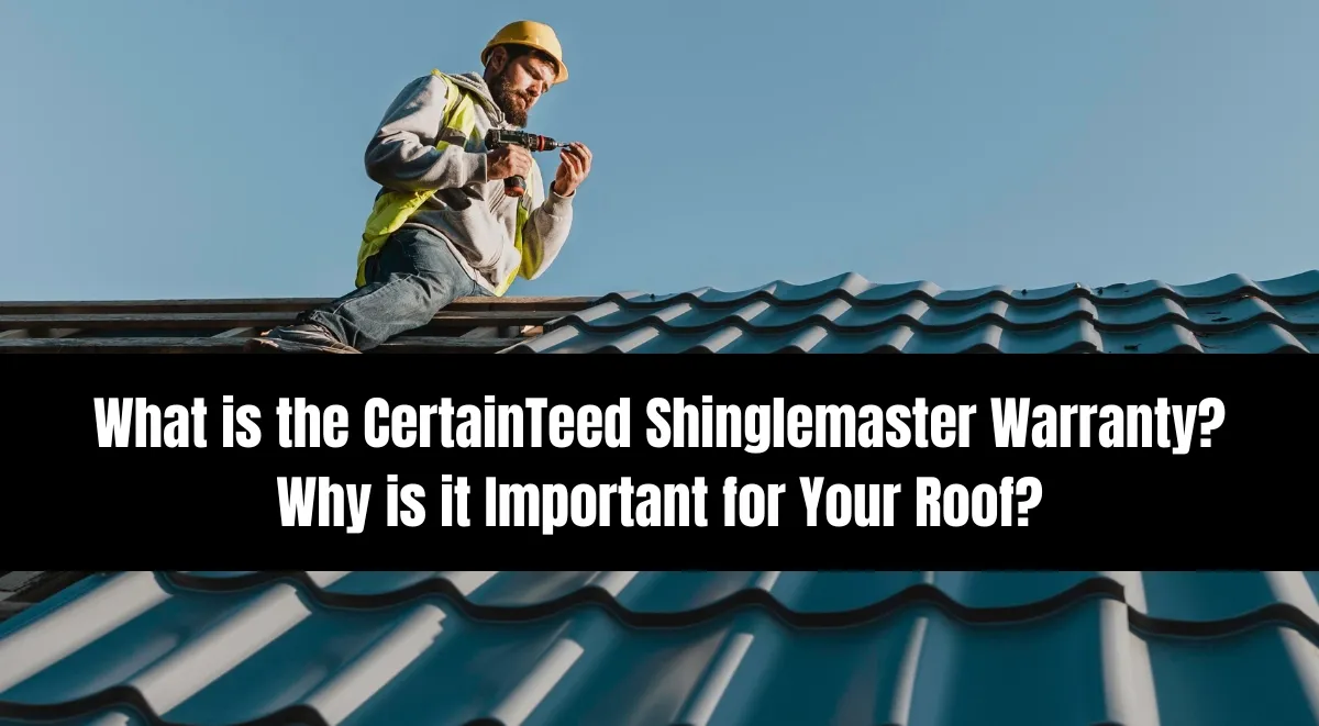 Roofer in yellow hard hat and safety vest using drill on dark tile roof in St. Louis, MO
