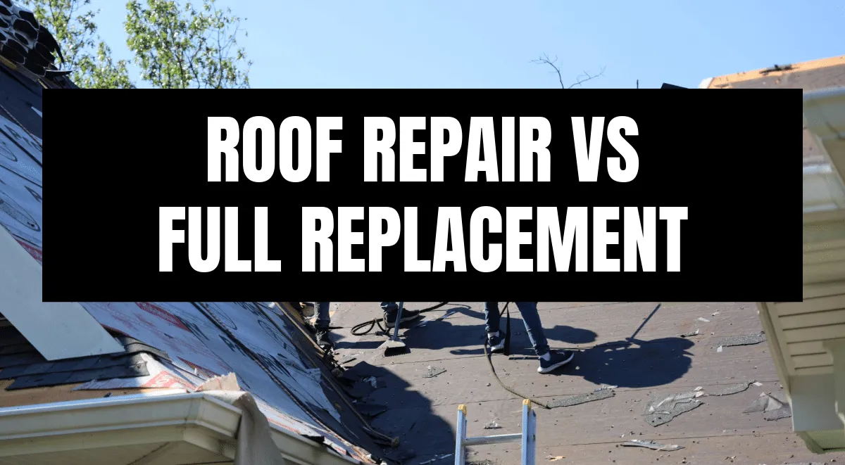 Workers removing old shingles during roof replacement in St. Louis with text overlay: Roof Repair vs Full Replacement