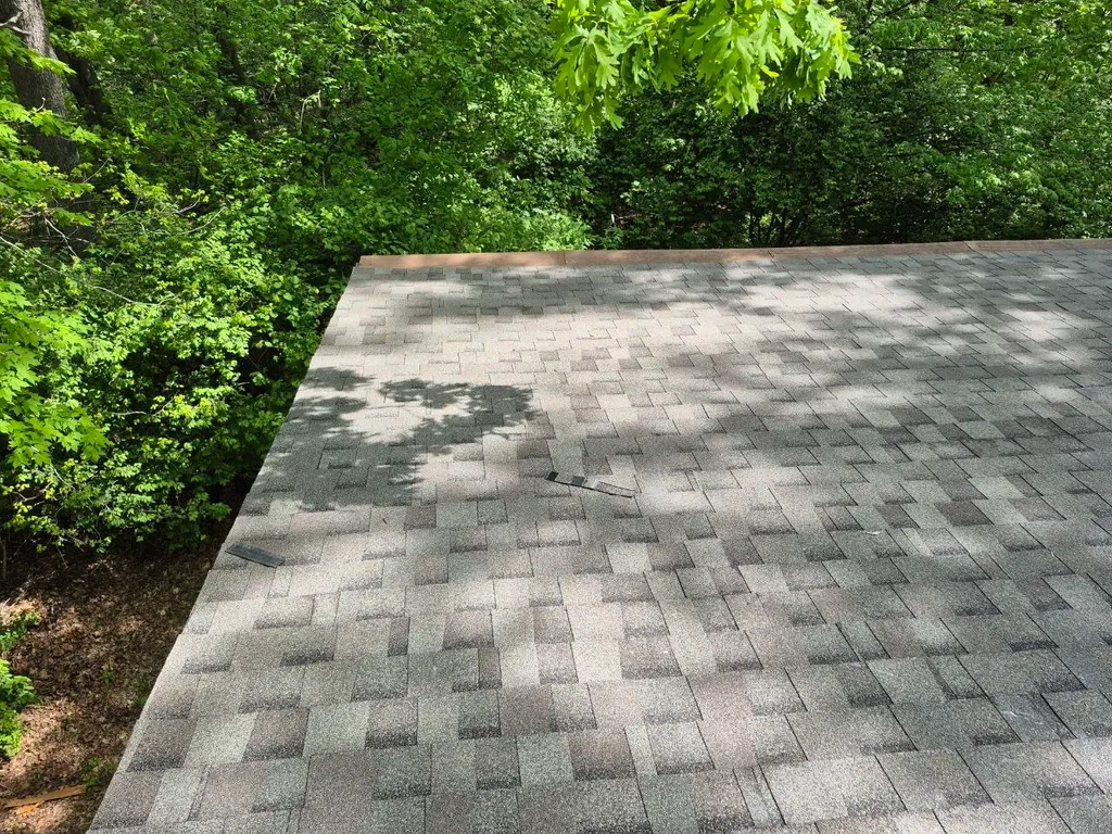 Aging asphalt shingle roof with damaged and missing shingles surrounded by green trees in St. Louis, MO