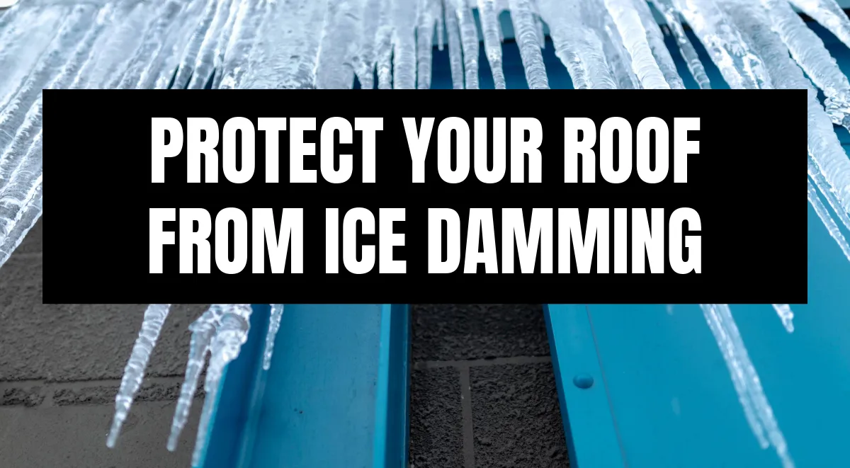 Icicles and ice dams forming on a roof edge with blue gutters and text: Protect Your Roof From Ice Damming
