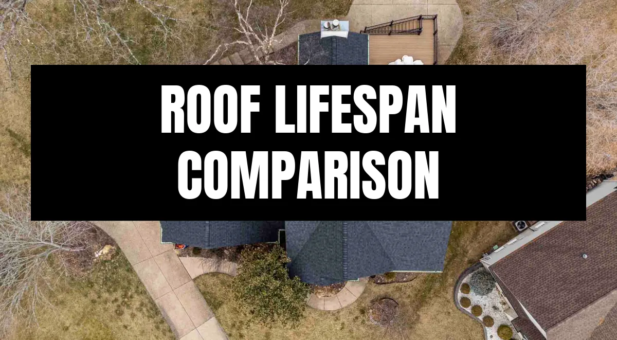 Aerial view of St. Louis residential homes with dark shingle roofs, overlaid with 'Roof Lifespan Comparison' text.