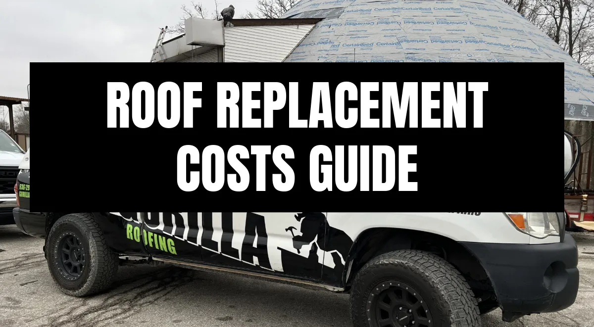 Gorilla Roofing branded work van parked in front of a home mid-roof replacement in St. Louis, MO