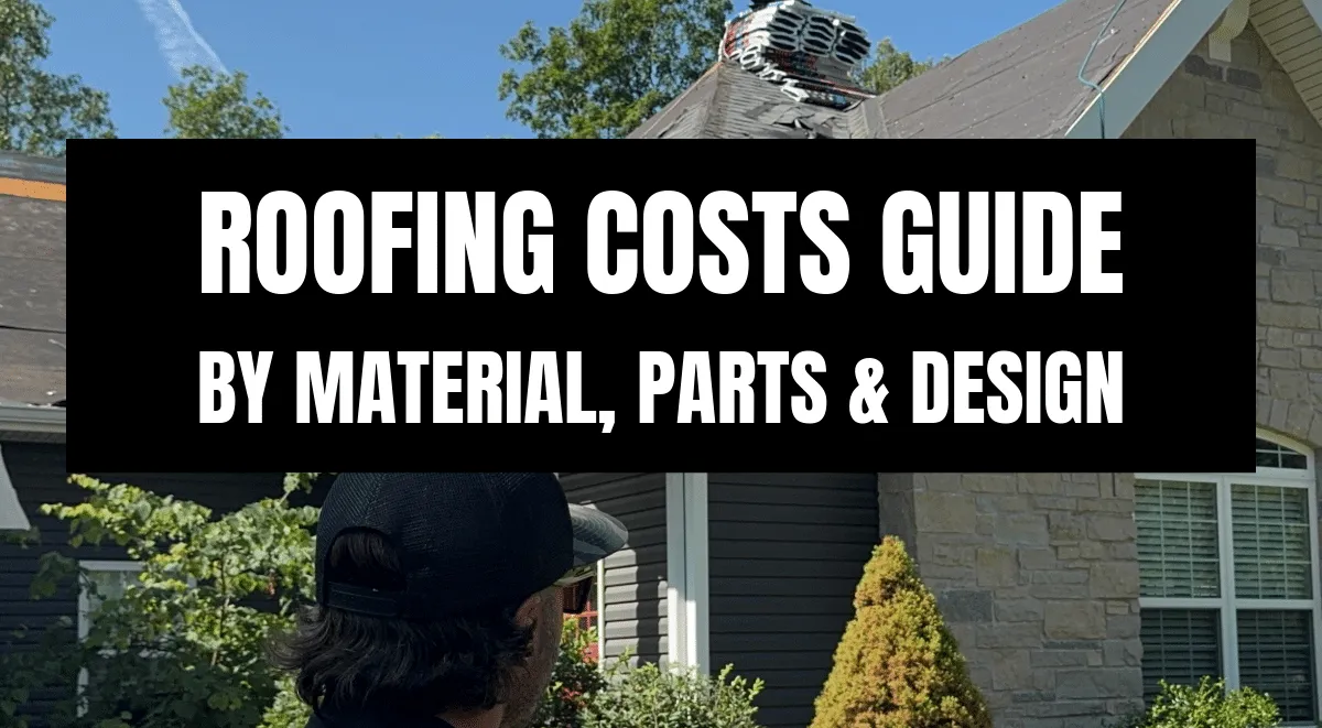 Roofing costs guide graphic showing a St. Louis home mid-roof replacement with shingles removed and contractor viewing work.