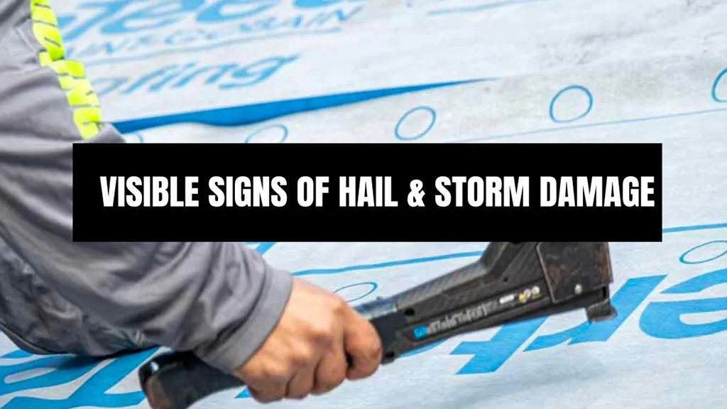 Roofer using nail gun on roofing underlayment with text overlay: Visible Signs of Hail & Storm Damage