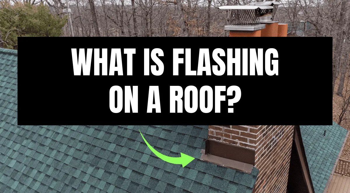 Roof flashing around a brick chimney on a green shingle roof in St. Louis, MO with arrow pointing to flashing.