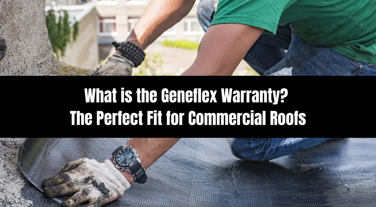 Roofer in green shirt installing commercial roof membrane in St. Louis with text about Geneflex Warranty